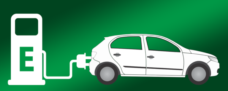 Illustration of an electric car charging at a station, symbolized by a plug connected to a large 'E' on a green background.