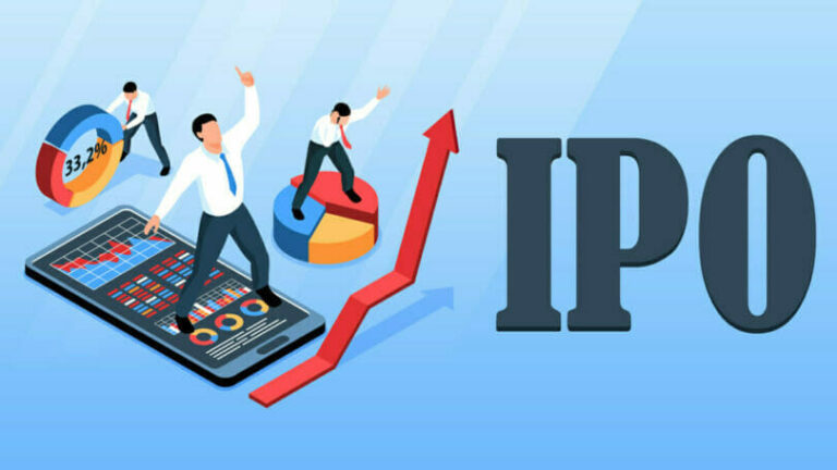 Illustration of businessmen with charts and graphs indicating financial growth, alongside large "IPO" text.