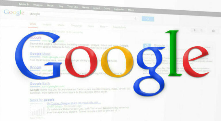 Google search page with the Google logo in the foreground and search results for "Google" in the background.