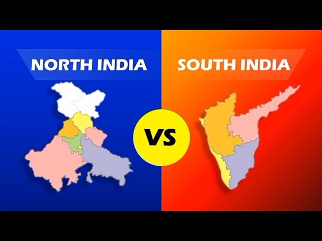 Map illustration showing North India on the left and South India on the right, with a "VS" circle in the center.