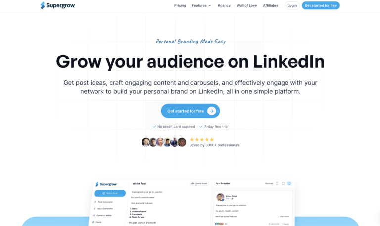 Supergrow homepage promoting LinkedIn tools to engage your network with post ideas, content carousels, and a 7-day free trial.