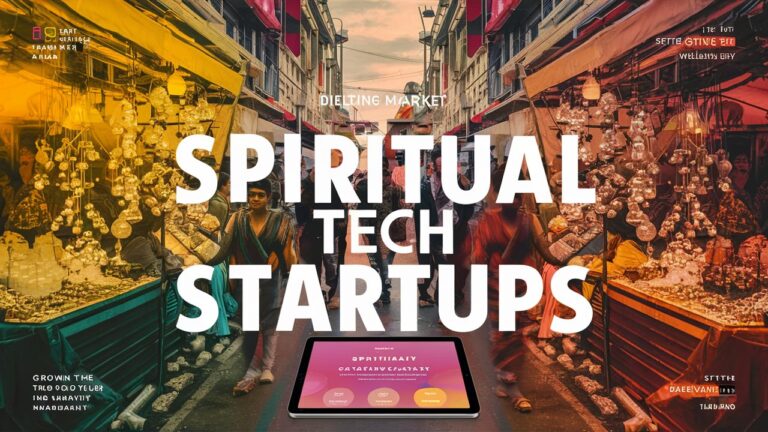 Colorful street market with text overlay "Spiritual Tech Startups" displaying a tablet interface promoting spirituality in India.