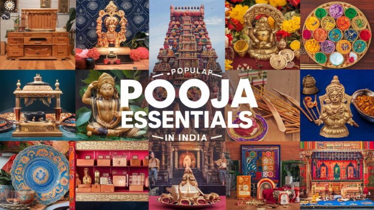 Collage of various pooja essentials, highlighting 5 best pooja essentials brands of India with text 'Popular Pooja Essentials in India'.