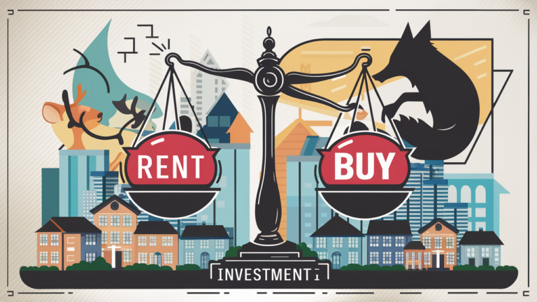 Illustration of a balance scale with "Rent" and "Buy" signs, symbolizing the choice between renting and buying property.