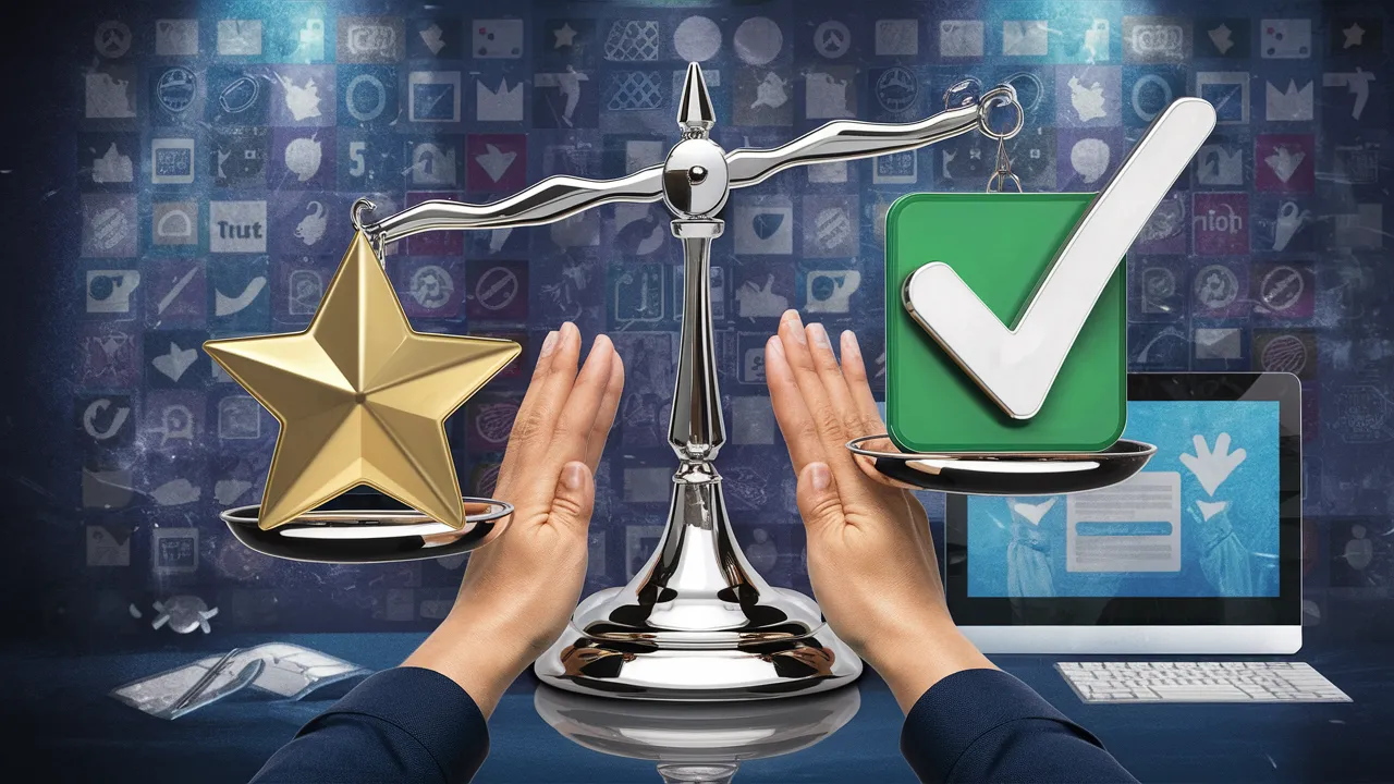 Hands balancing scales with a gold star and green checkmark, symbolizing online reputation management, in front of digital icons background.