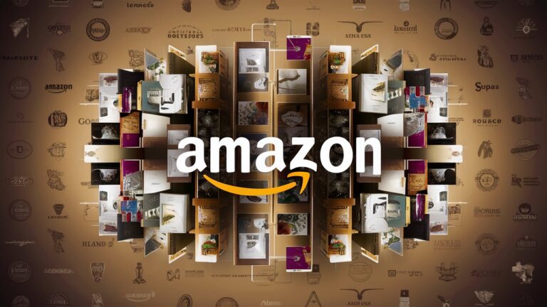 Amazon brand store concept with various products displayed in a circular arrangement, showcasing diverse brands and items.