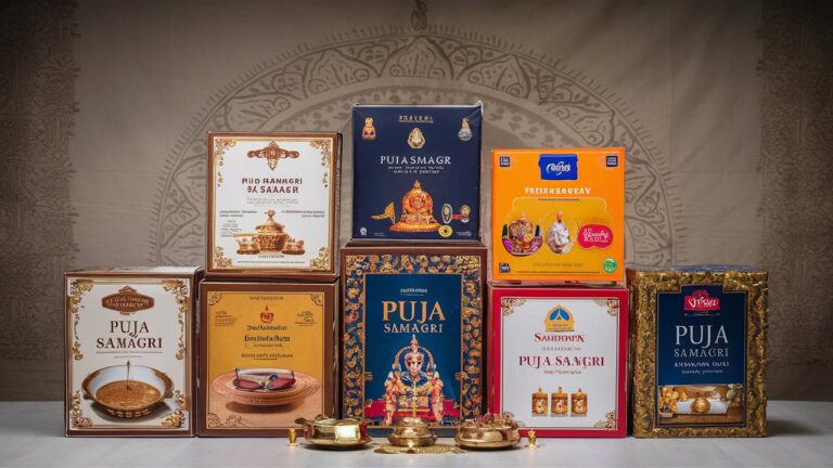 Various Puja Samagri Kit boxes arranged on a table, ideal for religious rituals and ceremonies.