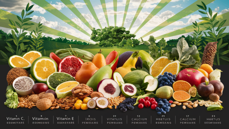 An array of colorful fruits, nuts, and vegetables displayed in front of a scenic field and sky with radiating green rays.