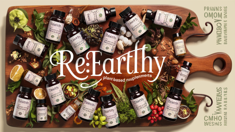 Discover the Benefits of Plant-Based Multivitamins: Assorted Re:Earthy supplements displayed on a wooden board with herbs.