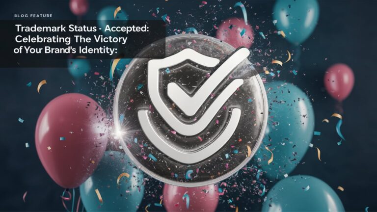 Celebratory balloons and confetti with a shield and checkmark logo, symbolizing trademark acceptance and brand identity success.