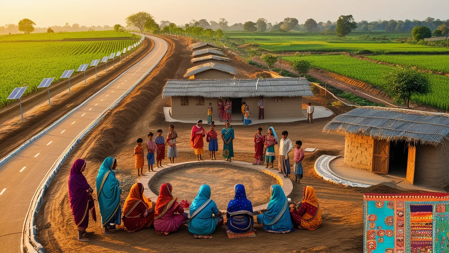 A group of people gather near traditional huts in a rural village beside solar panel-lined road and lush green fields.