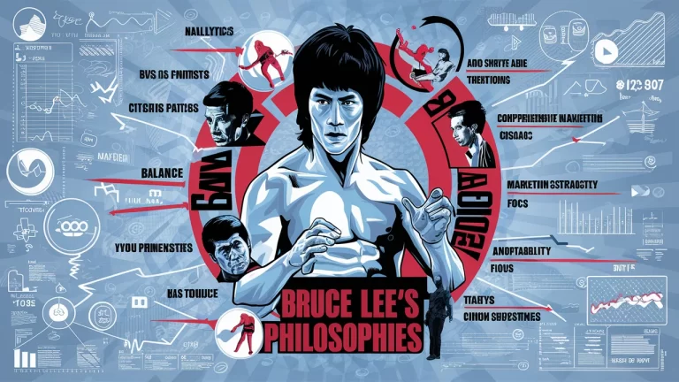 Illustrated poster of Bruce Lee with his philosophies in text, surrounded by dynamic graphics and diagrams. Text: "Bruce Lee's Philosophies.