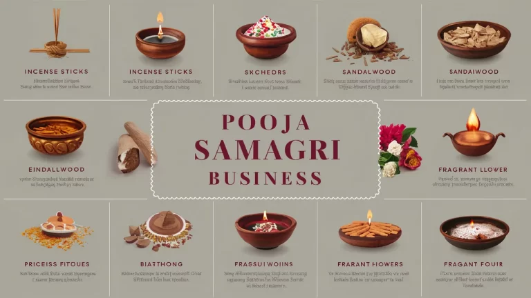 Image showcasing various pooja samagri items like incense sticks, sandalwood, and flowers with the text "Pooja Samagri Business.