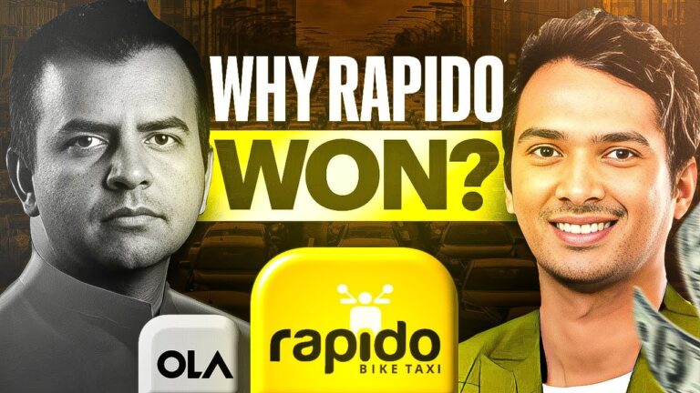 Comparison of Ola, Uber, and Rapido with a focus on Rapido's success, featuring two men and brand logos.